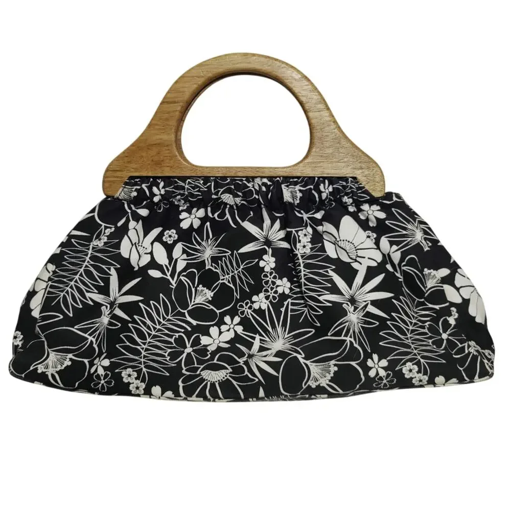 Black/white floral coquette top handle bag